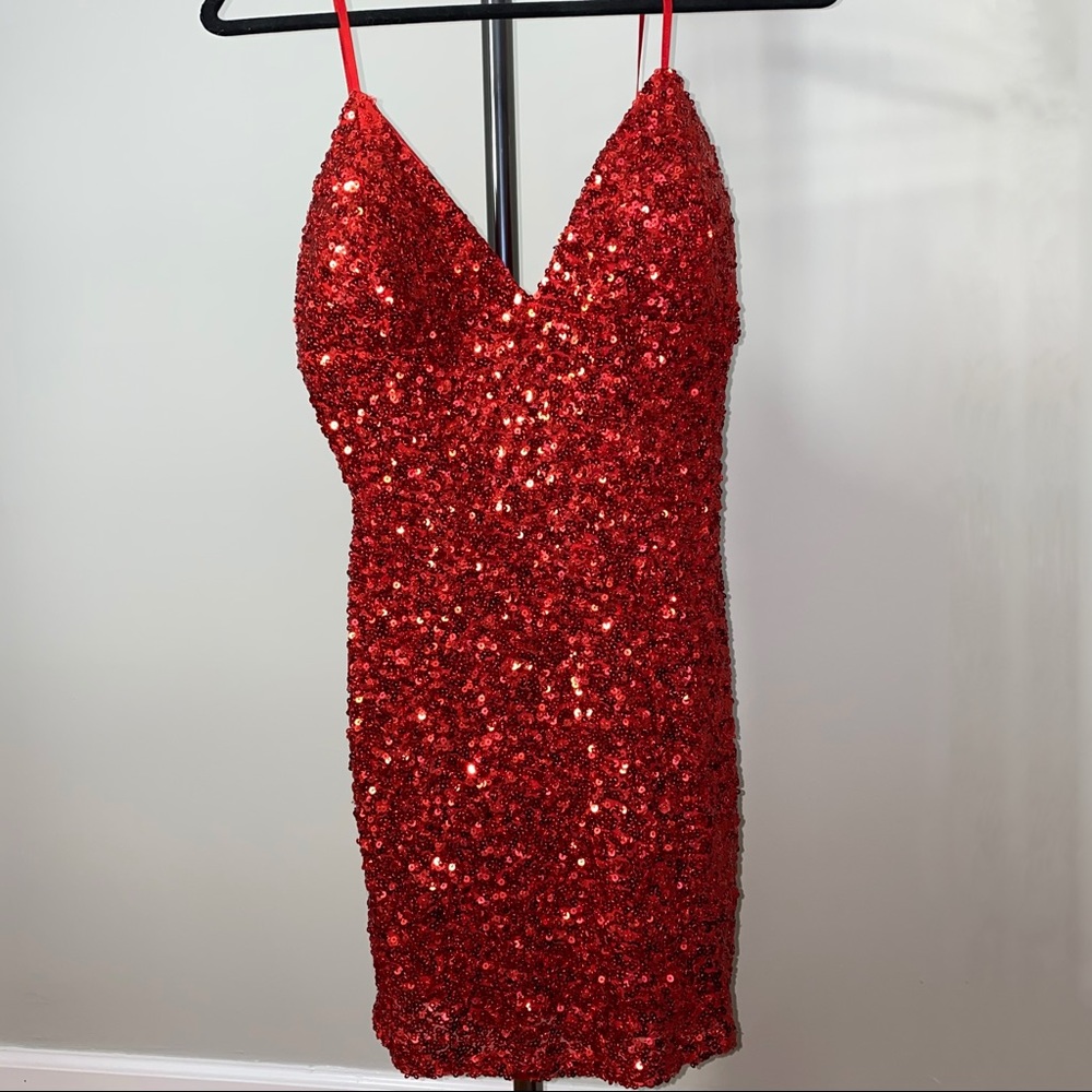 Red Sequin V-Neck Spaghetti Strap Dress